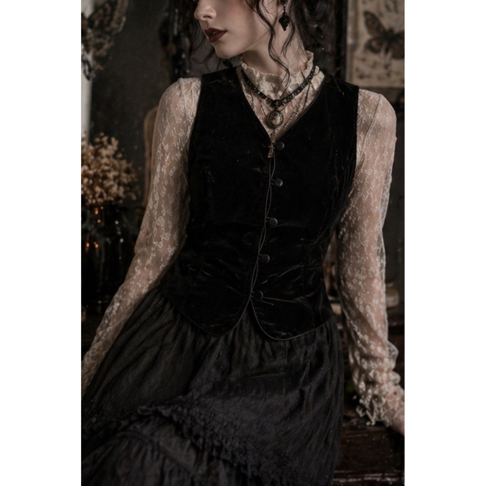 Harris Wallace Velvet Vest Sleeveless Black Button Front Sz‎ S Whimsigoth Vtg